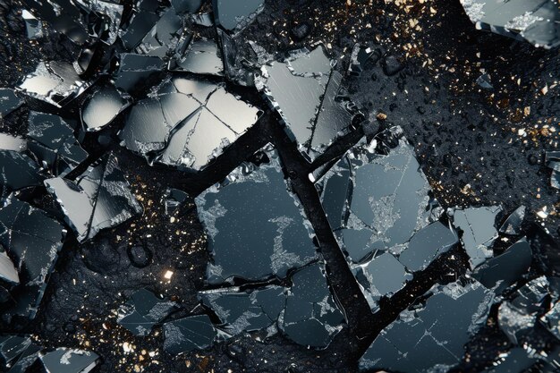 Shattered glass on a reflective surface