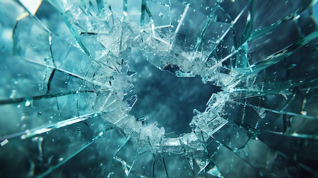 Shattered glass texture with a dark background The glass is broken into many pieces and has a large hole in the center