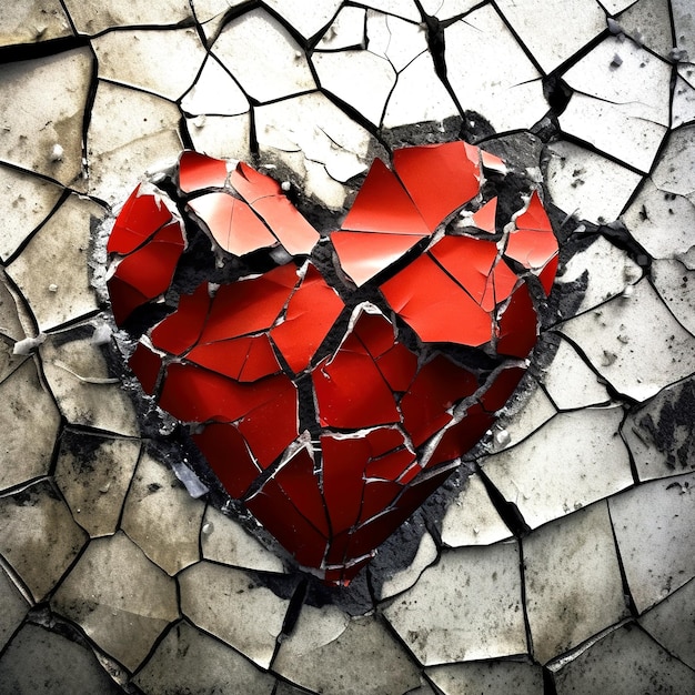 A shattered heart on a cracked gray concrete background Fashionable minimal illustration