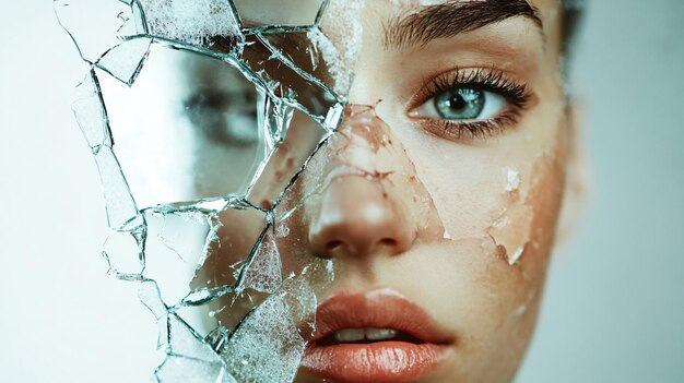shattered mirror reflecting different versions of the same face exploring identity and selfpercep