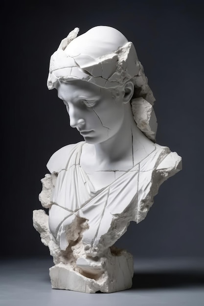 A shattered statue of a woman's head represents mental deterioration Generative AI