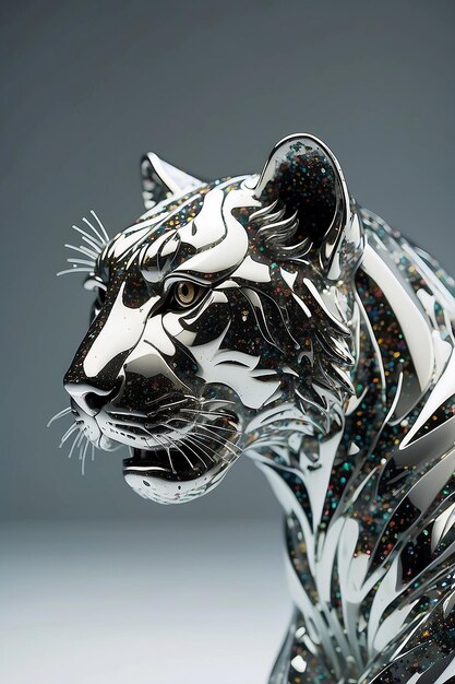 Photo shattering platinum glass tiger sculpture ultradetailed motion shot