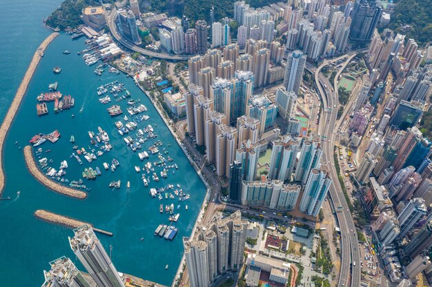 Shau kei wan, hong kong 19 march 2019: top down view of hong\
kong city