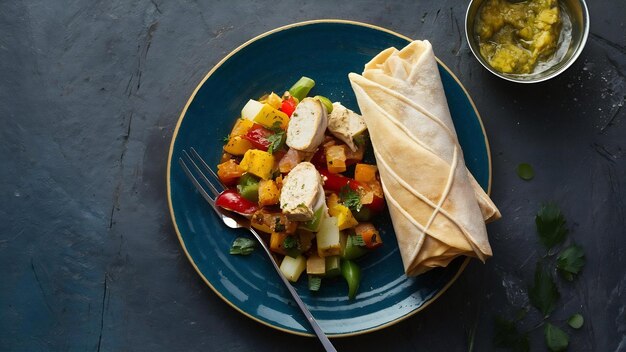 Photo shaurma with veegtables and chicken wrapped with lavash bread