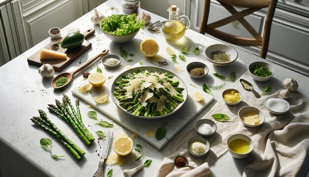 Shaved Asparagus Salad with Parmesan on Marble Counter