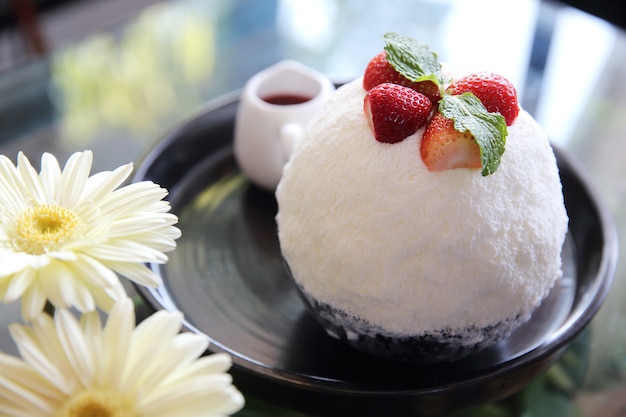 Shaved ice with milk and strawberry