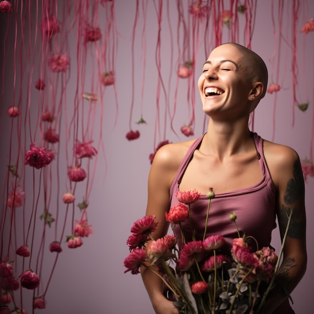 A shaven woman laughs after recovering from breast cancer