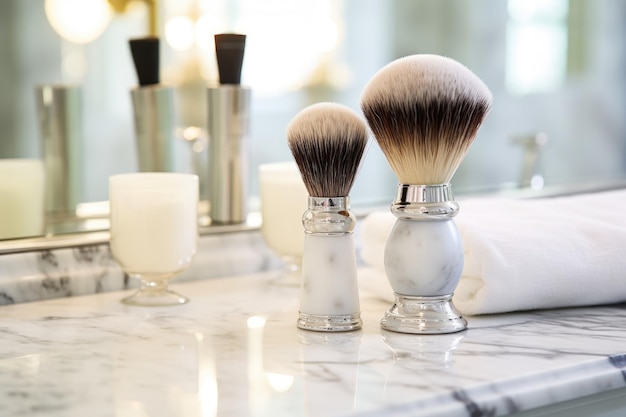 Shaving brushes on bright bathroom countertop