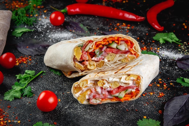 Shawarma burrito cut with vegetables and herbs on a dark stone table The concept of fast food restaurants