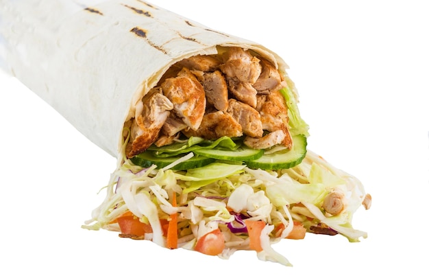 Shawarma doner kebab with chicken and vegetables Isolated