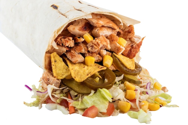 Shawarma doner kebab with chicken and vegetables Isolated