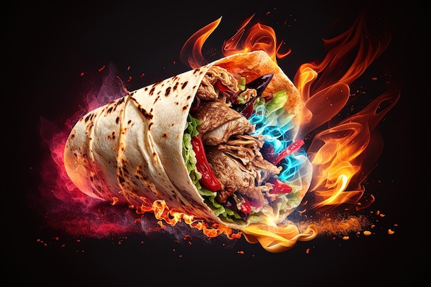 Photo shawarma kebab on the large side chicken and beef shawarma on a hot freshly rolled lavash pita