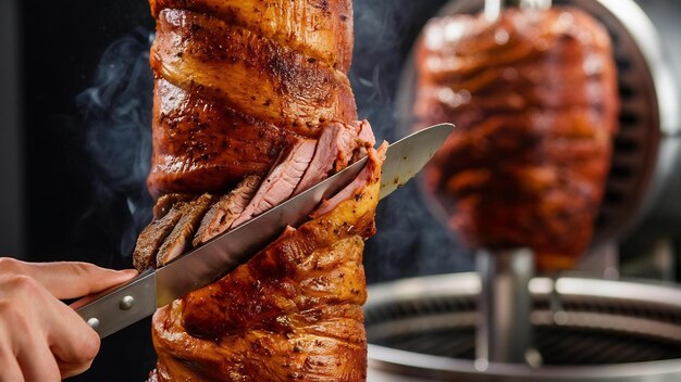 Photo shawarma meat being cut