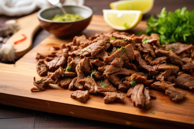 Shawarma meat turned into small pieces on board