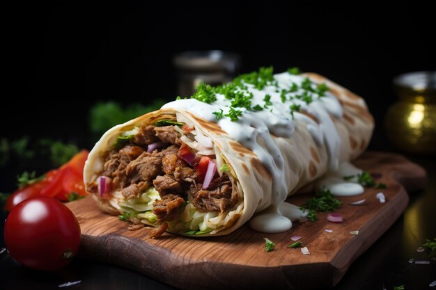 写真 シャワルマ 肉野菜とサラダをピタパンで包んだ側面図