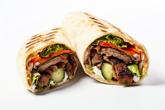 Photo shawarma roll in lavash grilled meat with vegetables sandwich cut on a white background hori