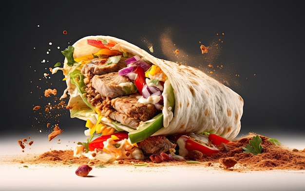 Shawarma or rolled chicken meat with ingredients and food pieces floating in the air on dark background