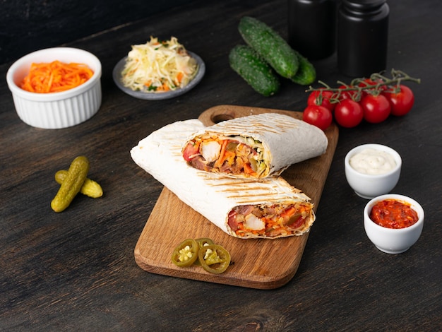 sause와 어두운 나무 배경에 Shawarma 샌드위치 Doner 케밥 치킨 Shawarma