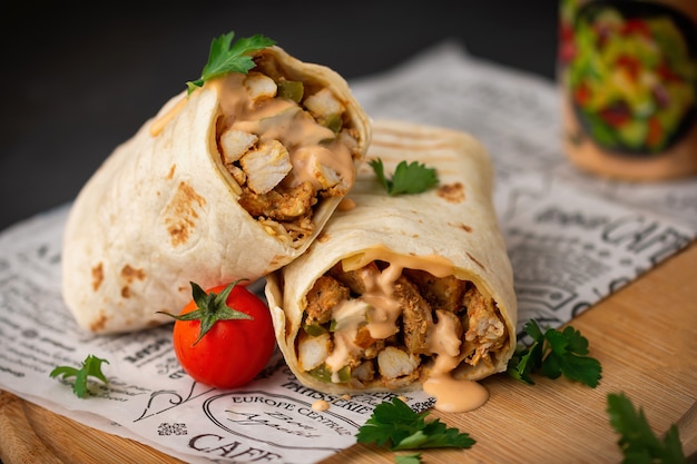 사진 shawarma 샌드위치 신선한 닭고기 쇠고기 shawarma 나무 배경