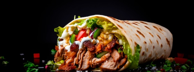 Photo shawarma sandwich gyro fresh roll lavash snack on a black background