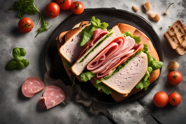 Фото Сэндвич с шаурмой, ломтиками мяса дукки, сыром и соусом