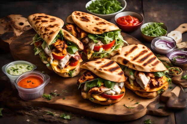 Shawarma sandwich with dukkah meat slices cheese and sauce