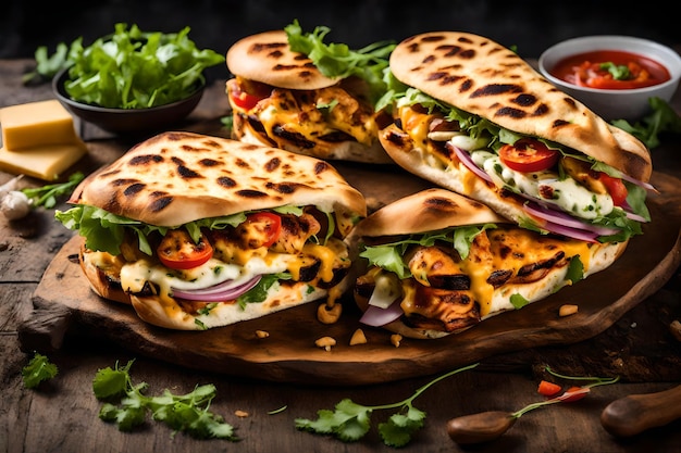 Shawarma sandwich with dukkah meat slices cheese and sauce