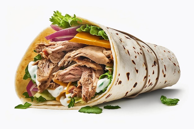 흰색 배경에 있는 Shawarma 치킨 롤 또는 Shawarma 또는 흰색 배경에 격리된 Doner AI 생성