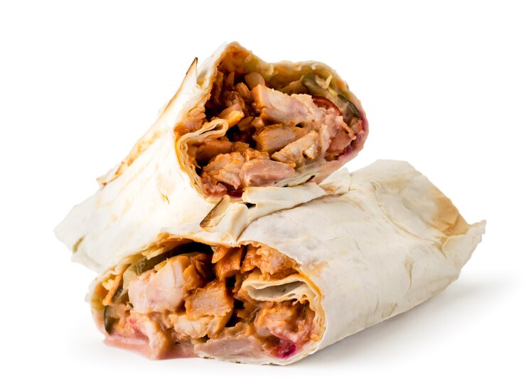 Photo shawarma with fried meat close-up on white