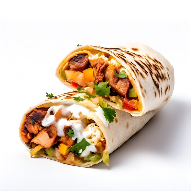 Shawarma with meat vegetables and sauce isolated on a white background AI Generative