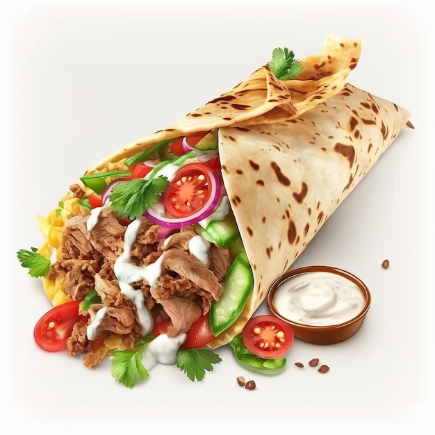 Shawarma with meat and vegetables on a white background isolate Generative AI