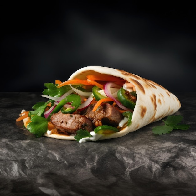 A shawarma with vegetables and meat on it