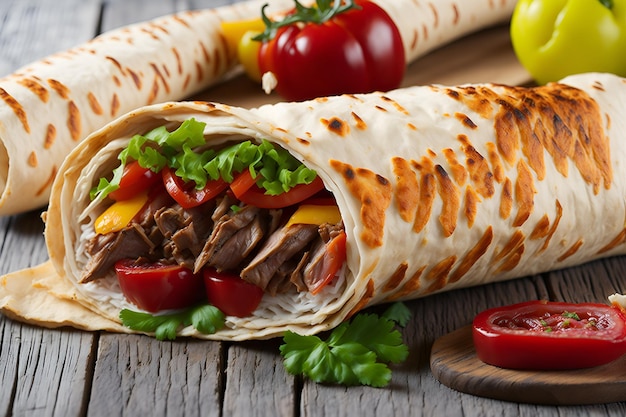 A shawarma wrap with meat and vegetables on a wooden table.