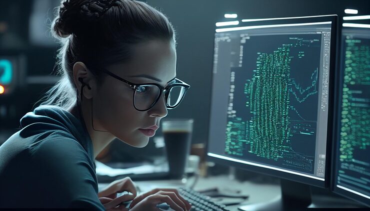 Photo she is a brilliant programmer a nerdy young computer programmer poring over data software or a network interface ai generative female software developer coding and concentrating