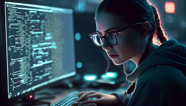 she is a brilliant programmer a nerdy young computer programmer poring over data software or a network interface ai generative female software developer coding and concentrating