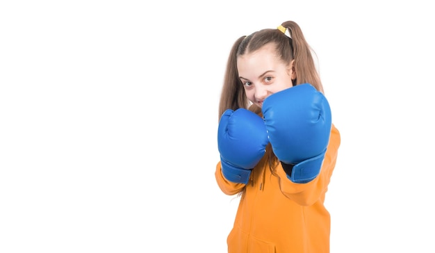 Photo she is ready teen girl in boxing gloves angry attack child boxer on white background