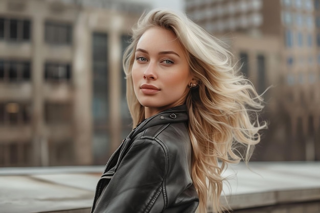 She is wearing a black leather jacket and has a confident expression on her face