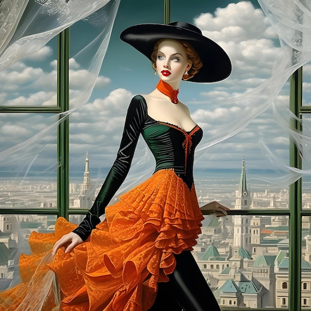 She stood there in her exquisite gold orange red and black lace gown the dark green velvet huggi