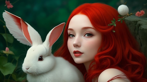 She was beautiful with the red hair She has beautiful wings and little rabbit with her