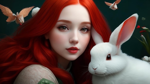 She was beautiful with the red hair She has beautiful wings and little rabbit with her