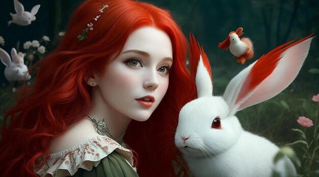 She was beautiful with the red hair She has beautiful wings and little rabbit with her