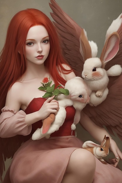 She was beautiful with the red hair She has beautiful wings and little rabbit with her