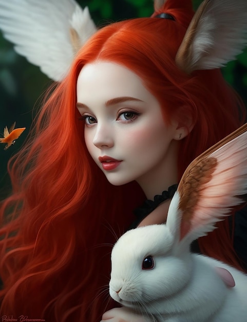 She was beautiful with the red hair She has beautiful wings and little rabbit with her