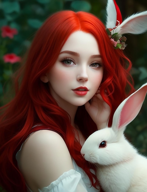 She was beautiful with the red hair She has beautiful wings and little rabbit with her