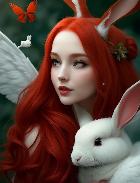 She was beautiful with the red hair She has beautiful wings and little rabbit with her