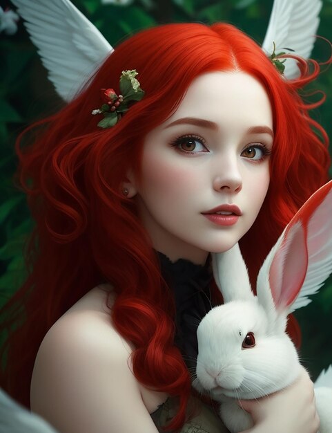 She was beautiful with the red hair She has beautiful wings and little rabbit with her