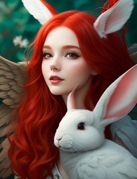 She was beautiful with the red hair She has beautiful wings and little rabbit with her