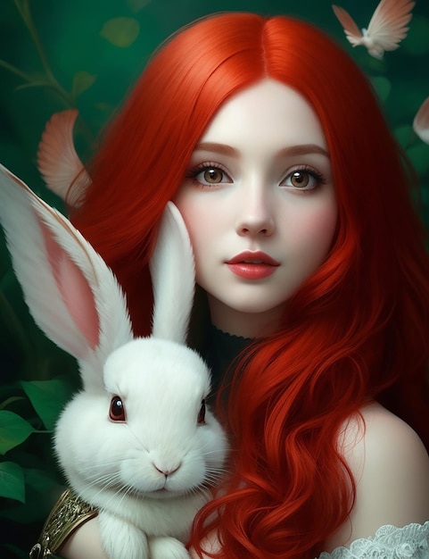 그녀는 빨간 머리가 아름다웠어요 그녀는 아름다운 날개와 작은 토끼를 가지고 있어요