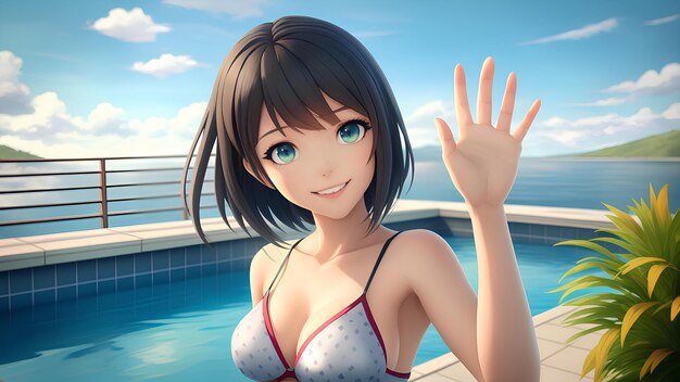 she wear fashion bikini at pool images with ai generated