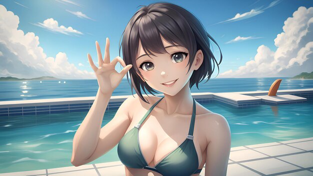 she wear fashion bikini at pool images with ai generated